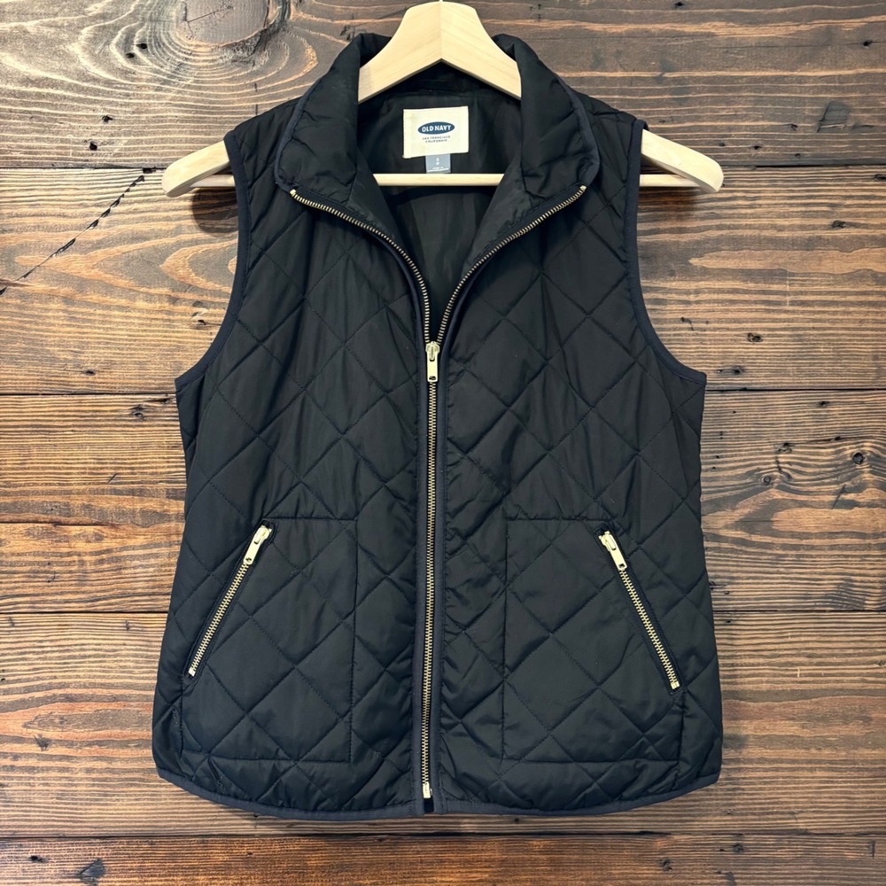 Old Navy Quilted Puffer Vest Women's S Black Diamond Stitch Gold Zip Gorpcore